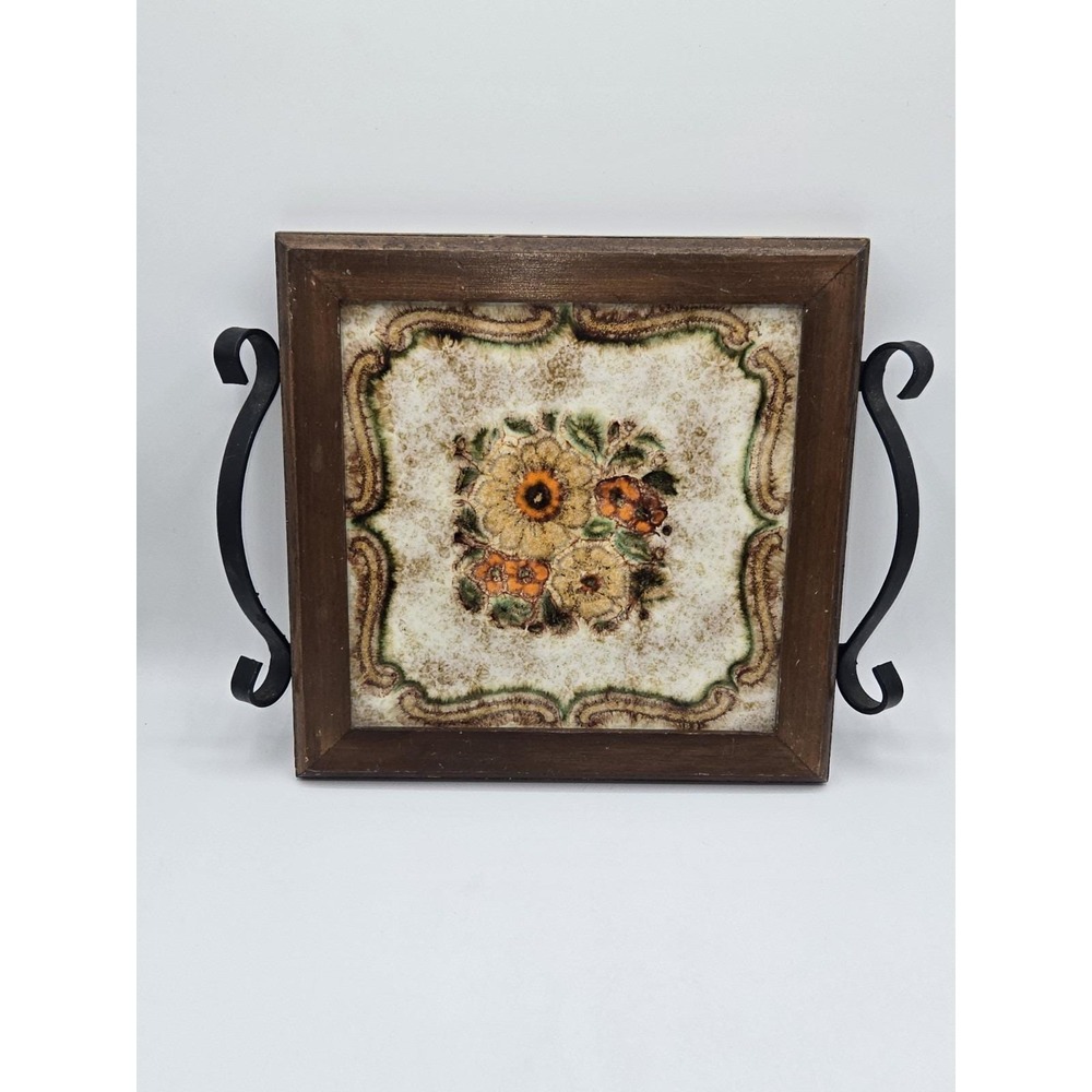 Vintage Tile Serving Tray Wood Frame Floral Ceramic Tile Iron Handles 11.75"‎